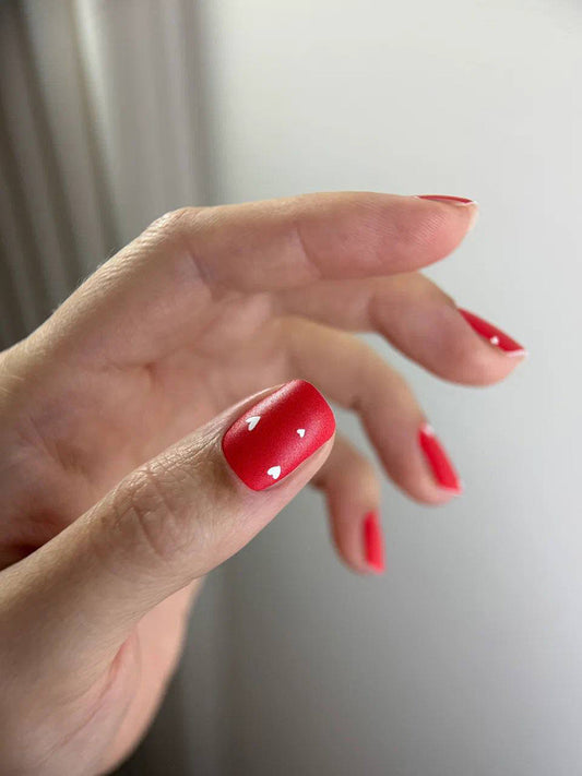 Manicure Hearts on red. Nail wraps WM-349