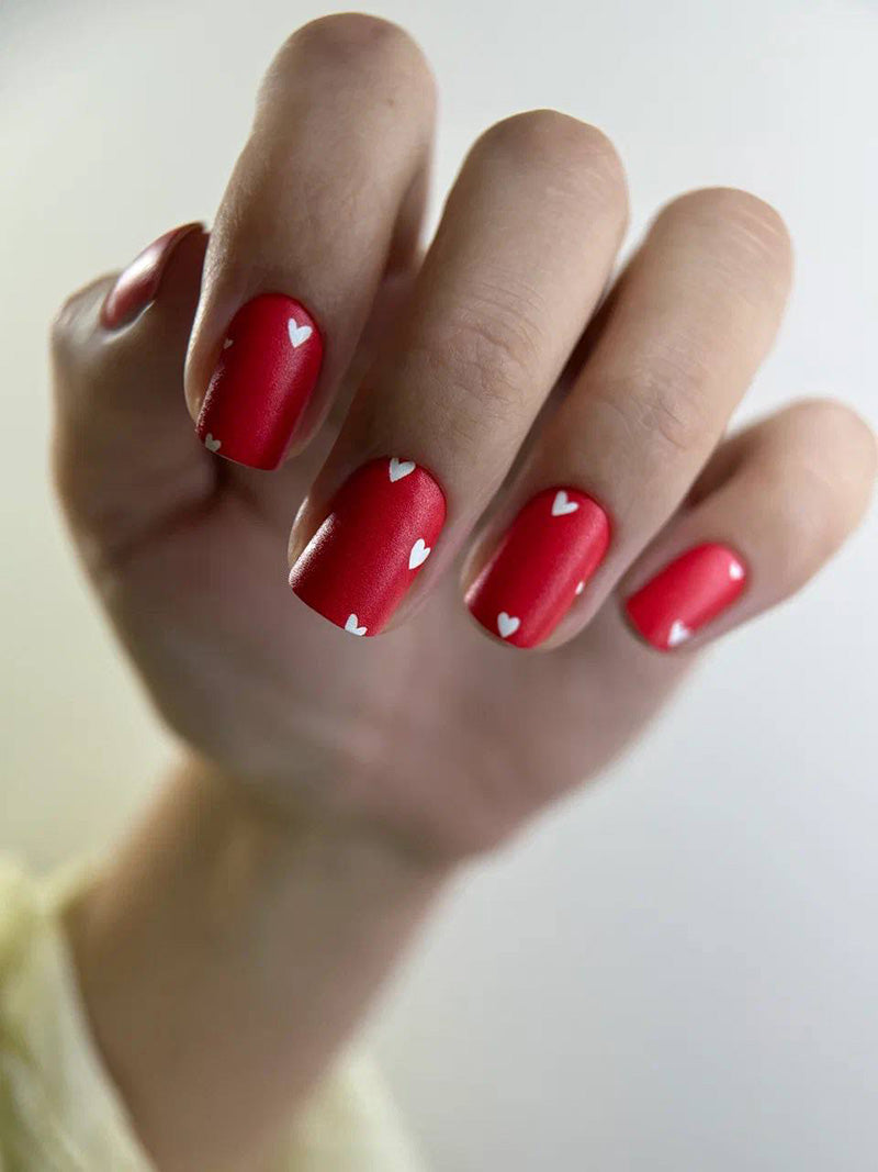 Manicure Hearts on red. Nail wraps WM-349