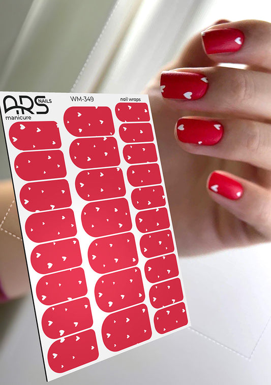 Manicure Hearts on red. Nail wraps WM-349
