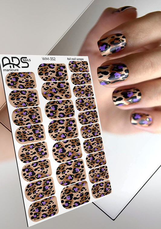 Manicure Leo with purple. Gold Foil. Nail wraps WM-352