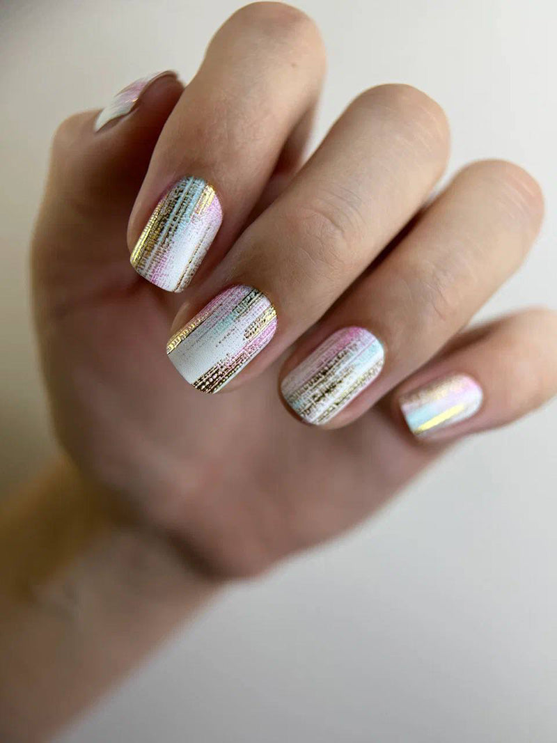 Manicure Strokes with pink and blue. Gold Foil. Nail wraps WM-403