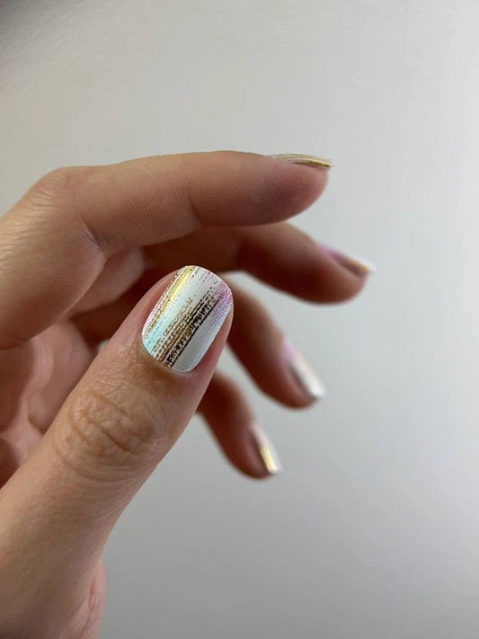 Manicure Strokes with pink and blue. Gold Foil. Nail wraps WM-403