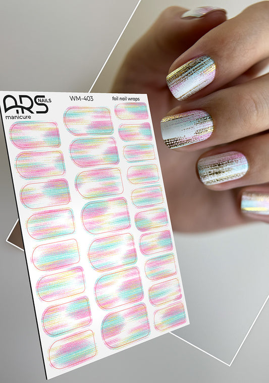 Manicure Strokes with pink and blue. Gold Foil. Nail wraps WM-403