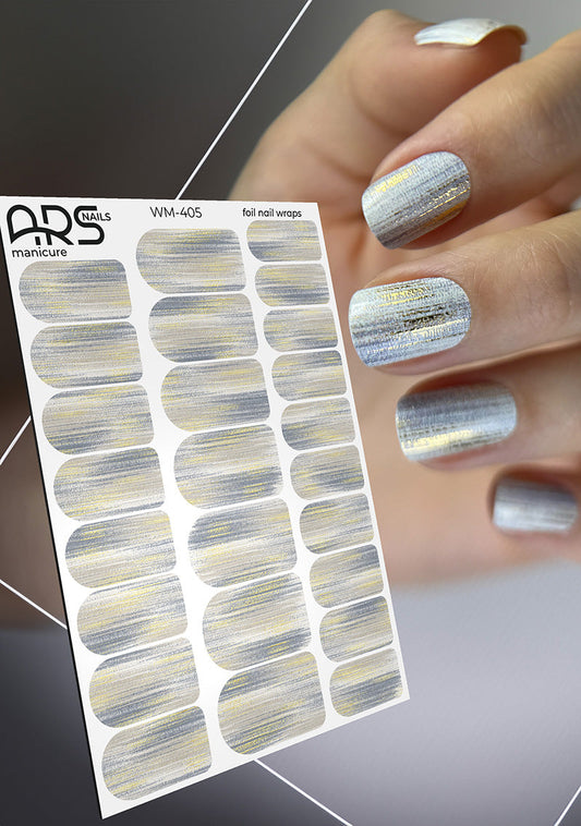 Manicure Strokes with beige and gray. Gold Foil. Nail wraps WM-405