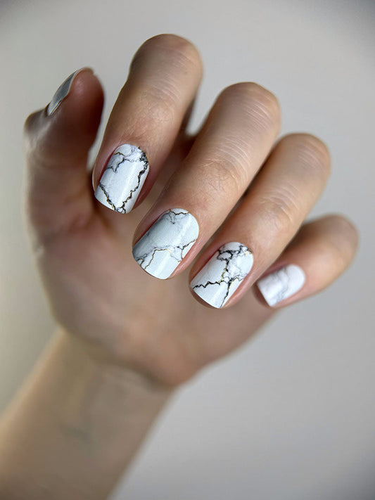 Manicure Marble. White and black. Gold Foil. Nail wraps WM-409