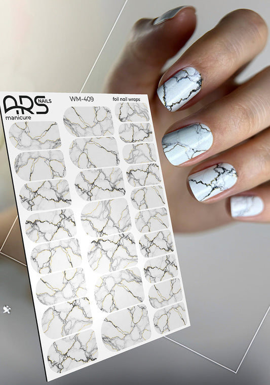 Manicure Marble. White and black. Gold Foil. Nail wraps WM-409