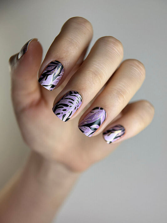 Manicure Monstera pink. Gold Foil. Nail wraps WM-410