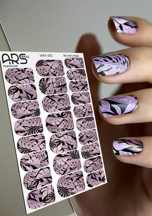 Manicure Monstera pink. Gold Foil. Nail wraps WM-410