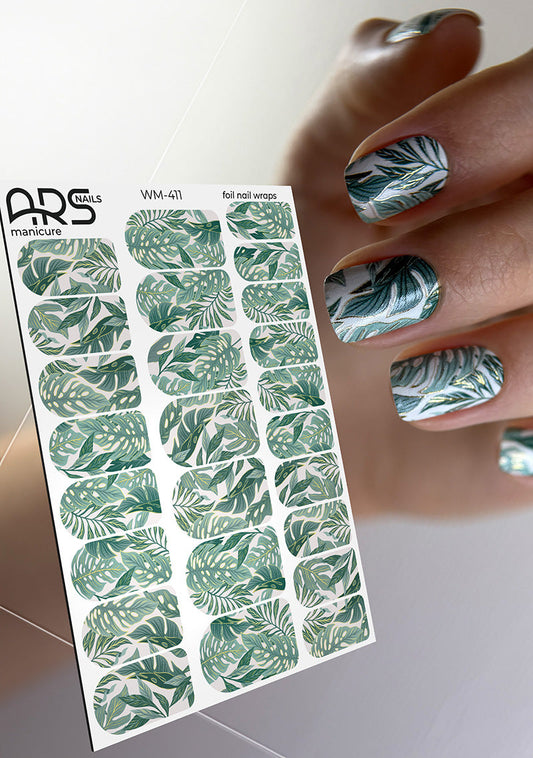 Manicure Monstera green. Gold Foil. Nail wraps WM-411