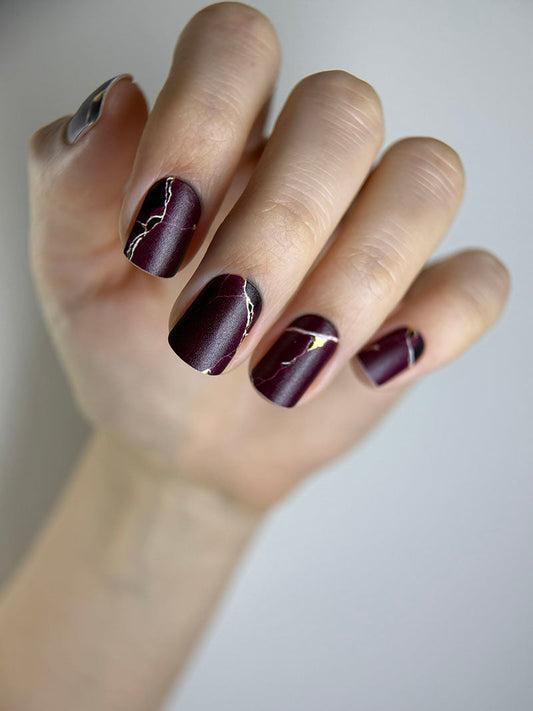 Manicure Burgundy with white stripe. Gold Foil. Nail wraps WM-415