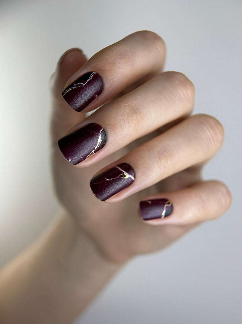 Manicure Burgundy with white stripe. Gold Foil. Nail wraps WM-415