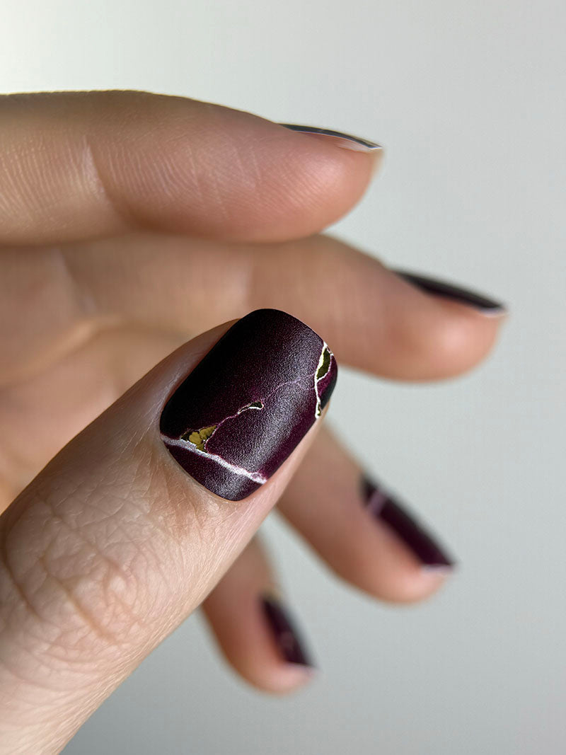Manicure Burgundy with white stripe. Gold Foil. Nail wraps WM-415