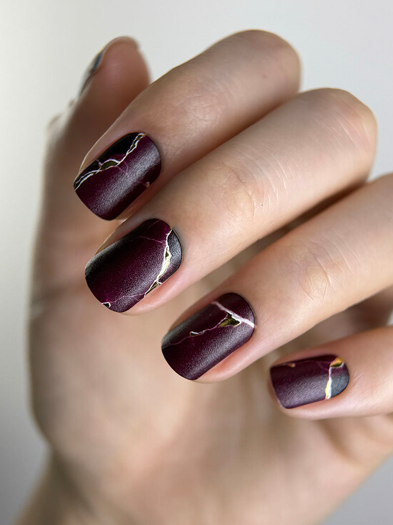 Manicure Burgundy with white stripe. Gold Foil. Nail wraps WM-415