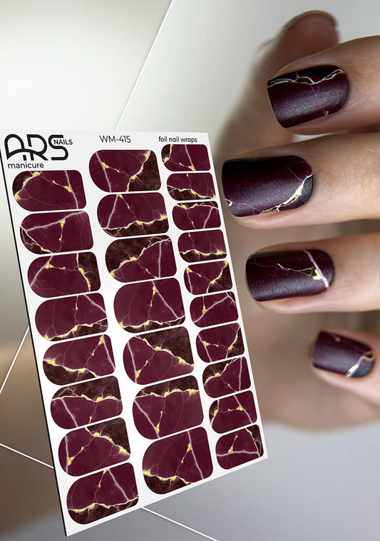 Manicure Burgundy with white stripe. Gold Foil. Nail wraps WM-415
