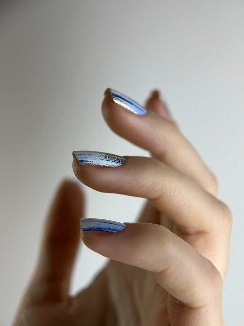 Manicure Strokes with blue. Gold Foil. Nail wraps WM-417
