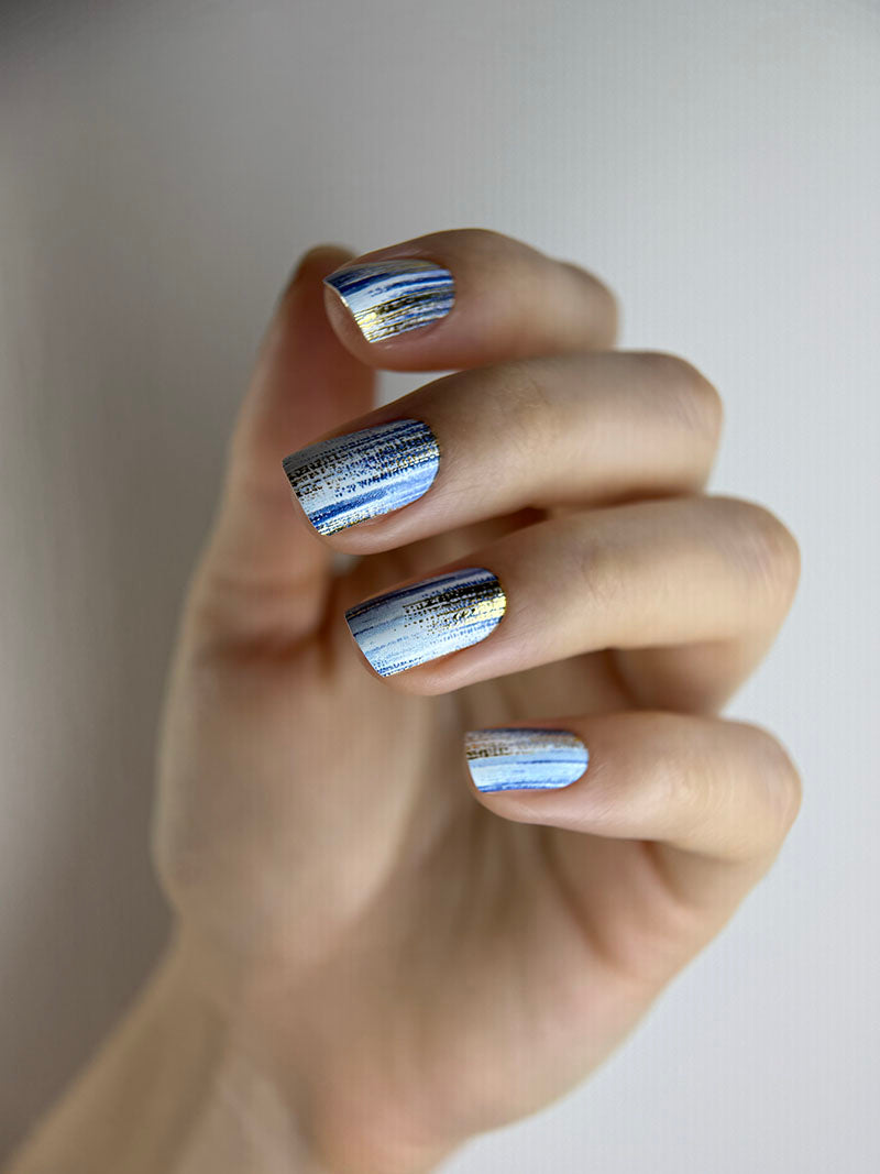 Manicure Strokes with blue. Gold Foil. Nail wraps WM-417