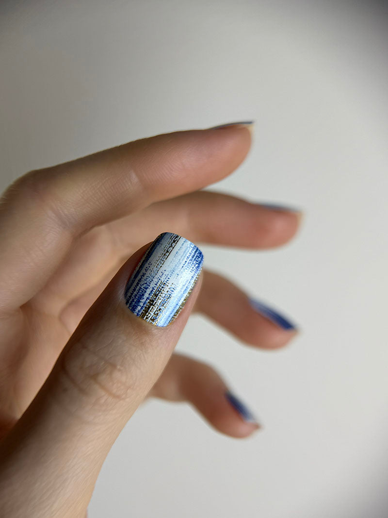 Manicure Strokes with blue. Gold Foil. Nail wraps WM-417