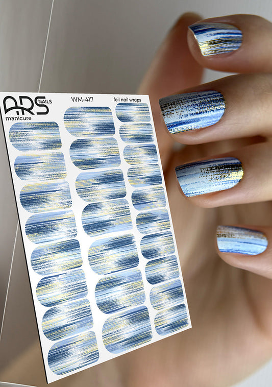 Manicure Strokes with blue. Gold Foil. Nail wraps WM-417