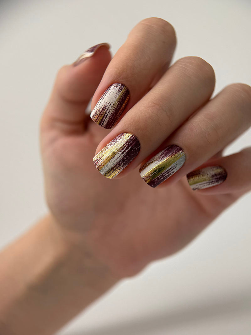 Manicure Strokes with burgundy. Gold Foil. Nail wraps WM-418