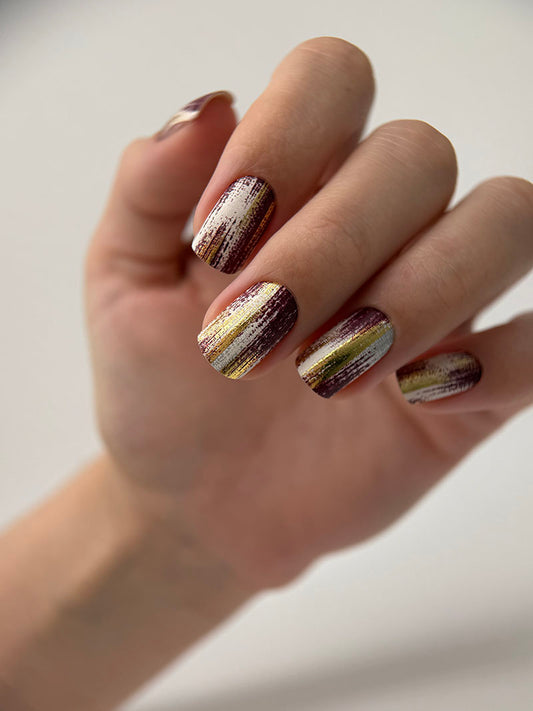 Manicure Strokes with burgundy. Gold Foil. Nail wraps WM-418