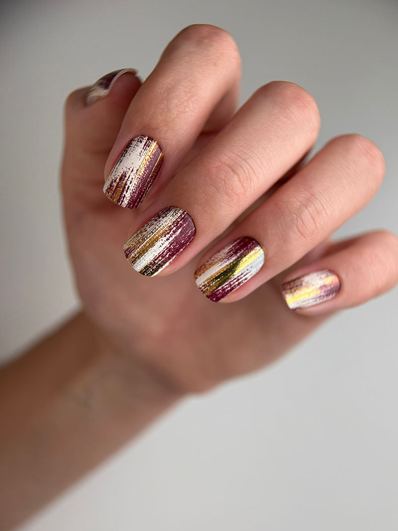 Manicure Strokes with burgundy. Gold Foil. Nail wraps WM-418