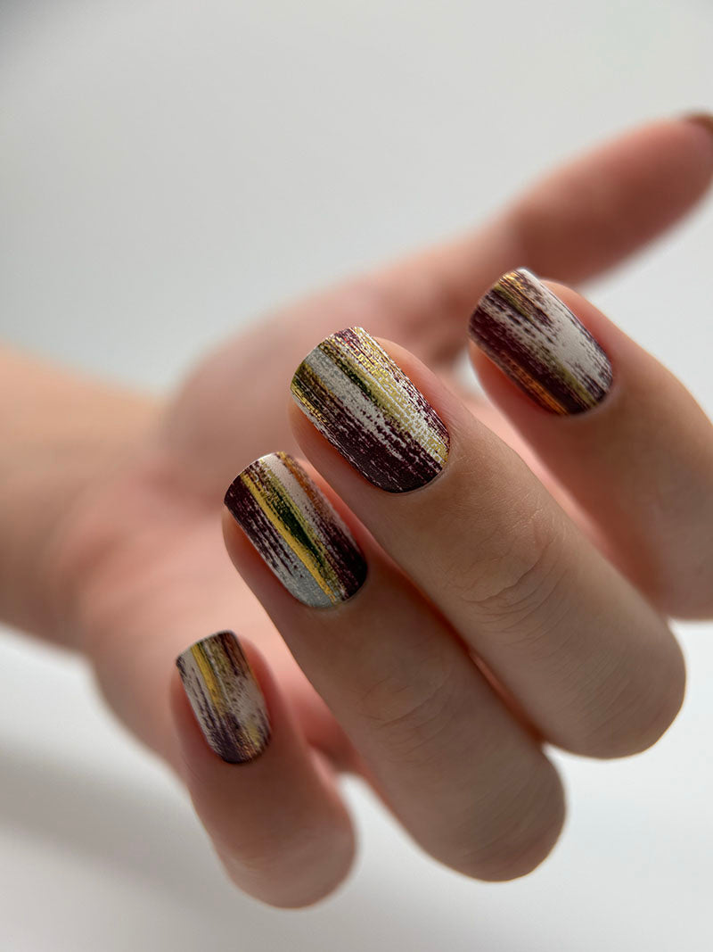 Manicure Strokes with burgundy. Gold Foil. Nail wraps WM-418