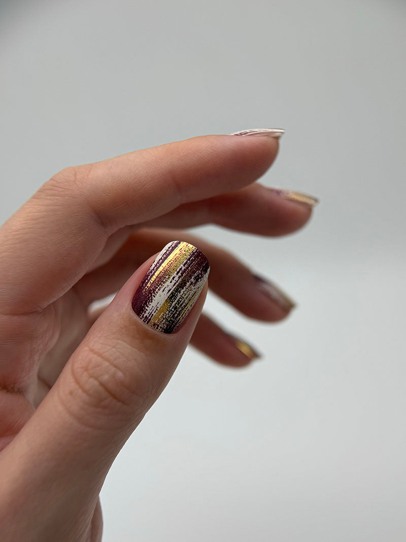 Manicure Strokes with burgundy. Gold Foil. Nail wraps WM-418