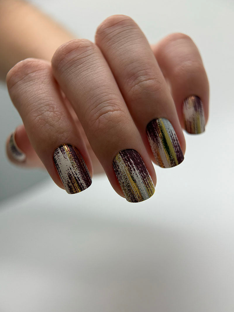 Manicure Strokes with burgundy. Gold Foil. Nail wraps WM-418