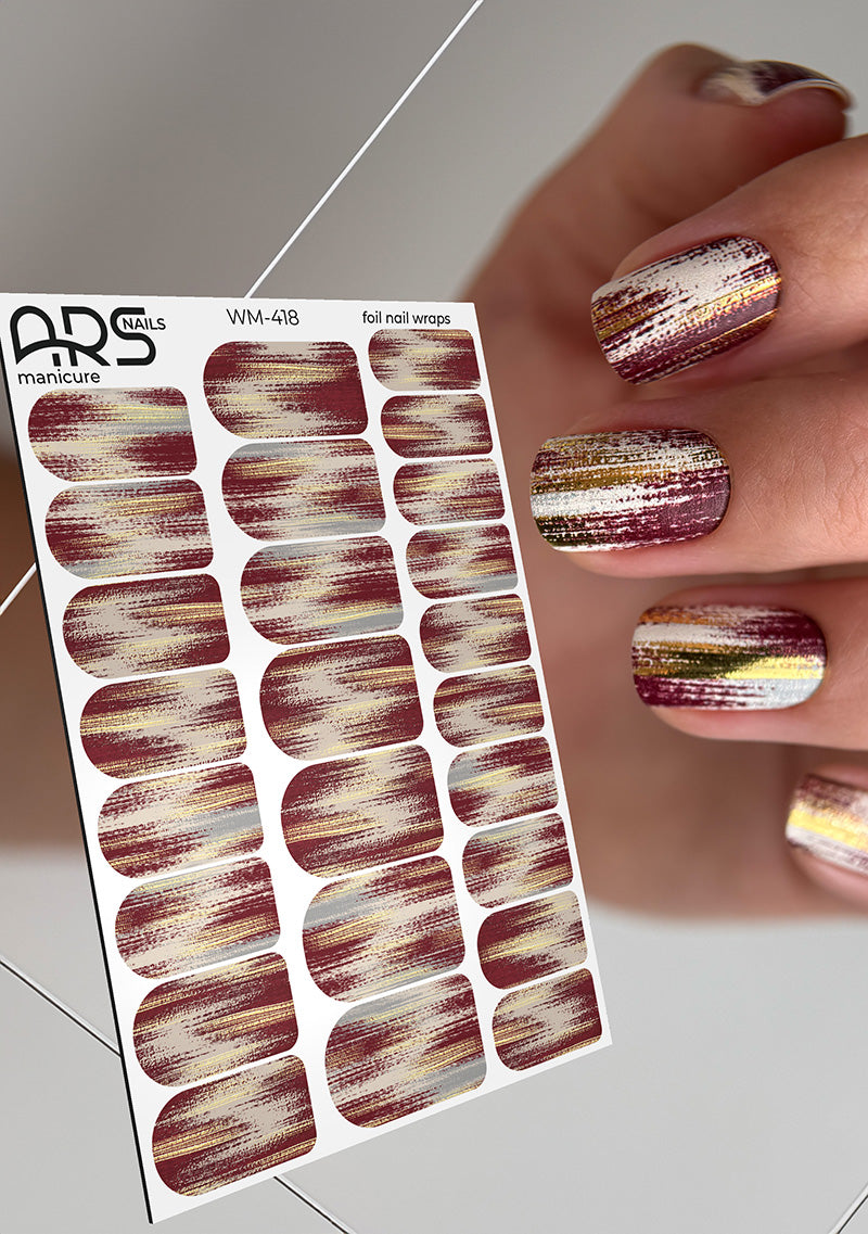 Manicure Strokes with burgundy. Gold Foil. Nail wraps WM-418