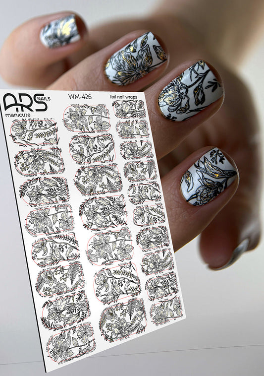 Manicure Black flowers on white. Gold Foil. Nail wraps WM-426