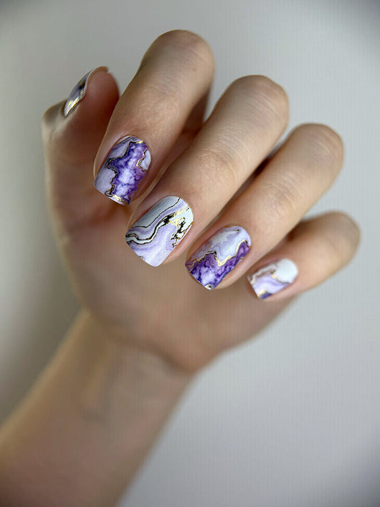 Manicure Marble with purple. Gold Foil. Nail wraps WM-428