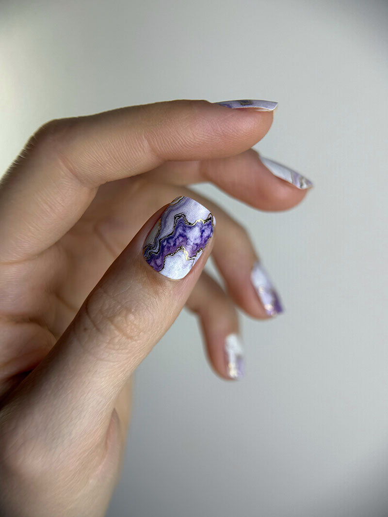 Manicure Marble with purple. Gold Foil. Nail wraps WM-428