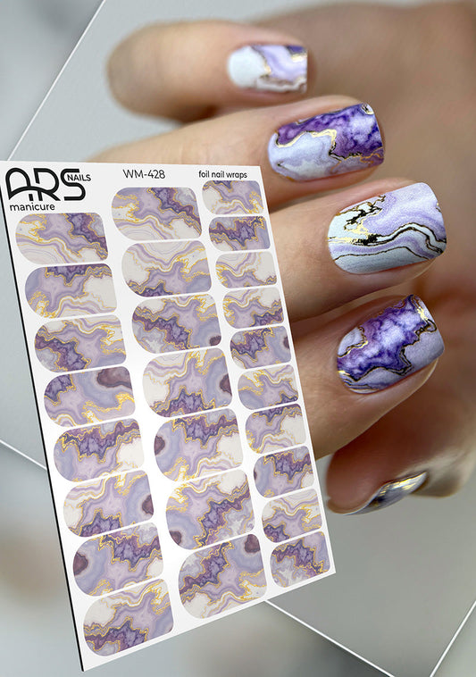 Manicure Marble with purple. Gold Foil. Nail wraps WM-428
