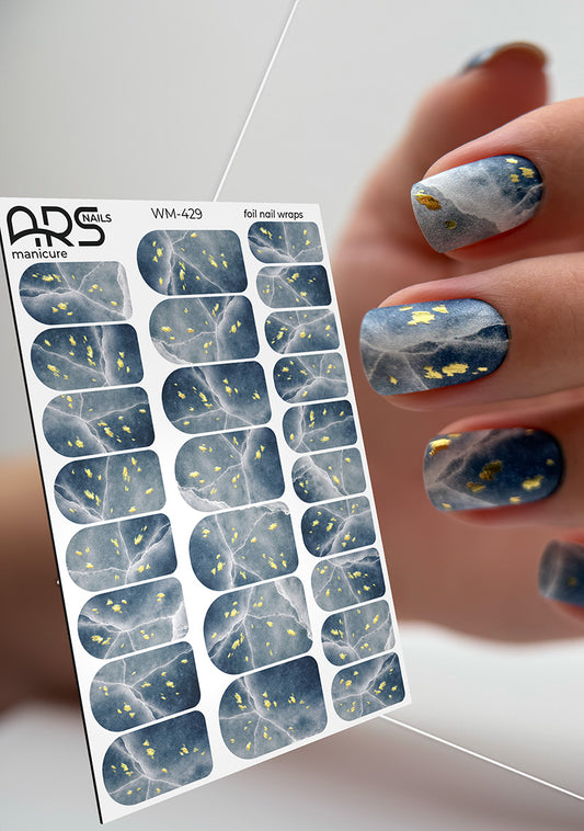 Manicure Cracks on dark blue. Gold Foil. Nail wraps WM-429