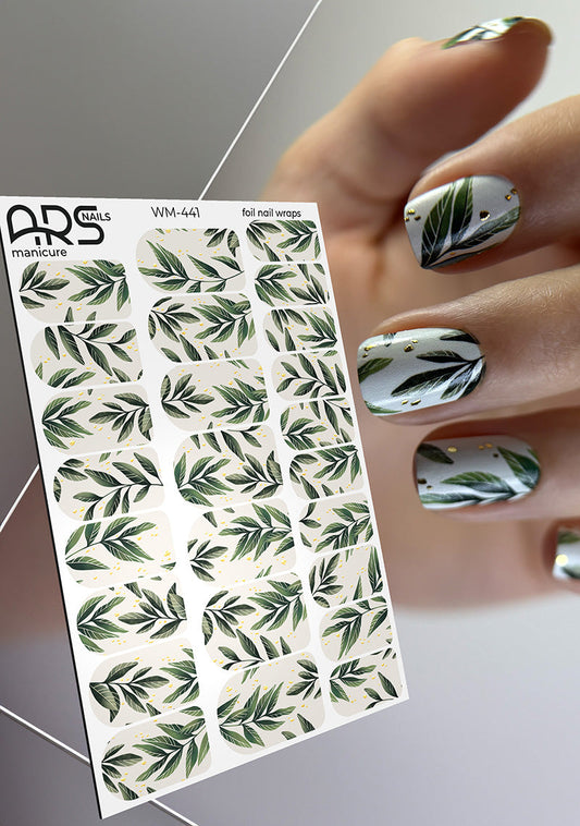 Manicure Green twigs. Gold Foil. Nail wraps WM-441