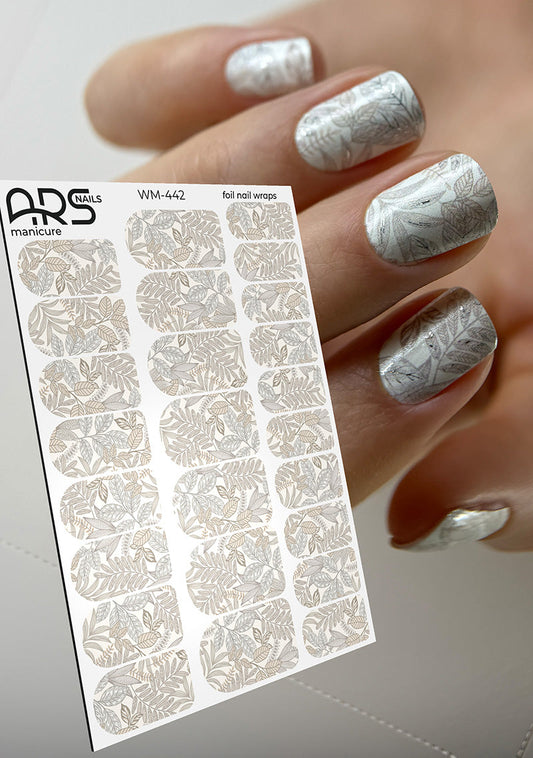 Manicure Brown twigs. Silver Foil. Nail wraps WM-442