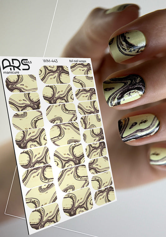 Manicure Divorces. Yellow and brown. Gold Foil. Nail wraps WM-443