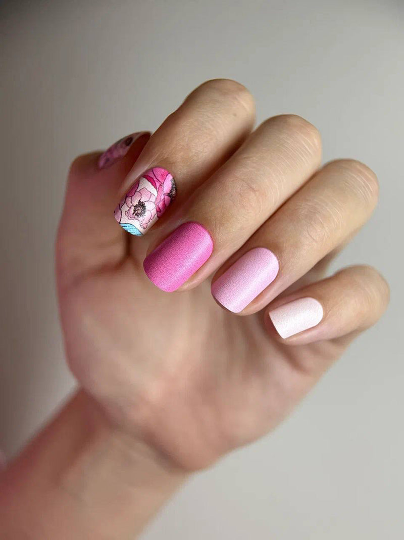 Manicure Peonies Pink, Leaves Blue. Nail wraps WM-470
