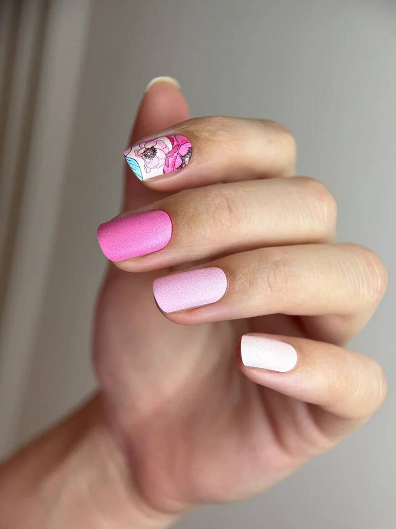 Manicure Peonies Pink, Leaves Blue. Nail wraps WM-470