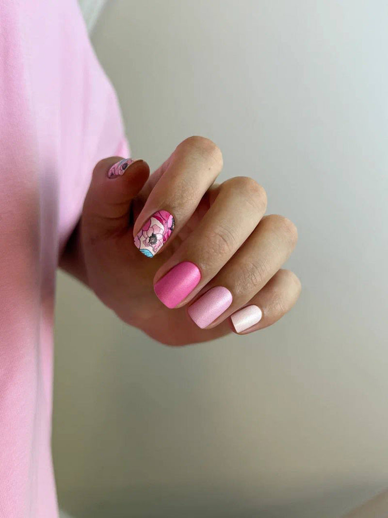 Manicure Peonies Pink, Leaves Blue. Nail wraps WM-470