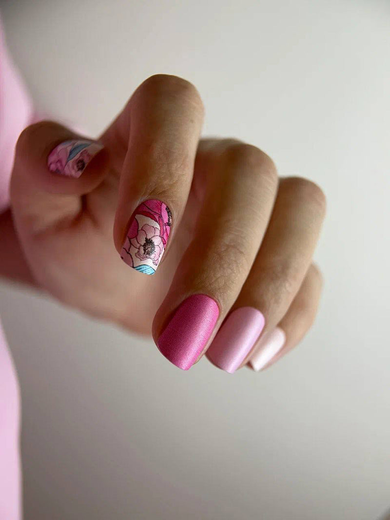 Manicure Peonies Pink, Leaves Blue. Nail wraps WM-470