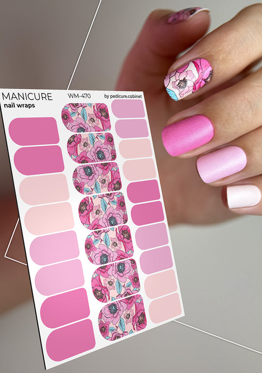 Manicure Peonies Pink, Leaves Blue. Nail wraps WM-470