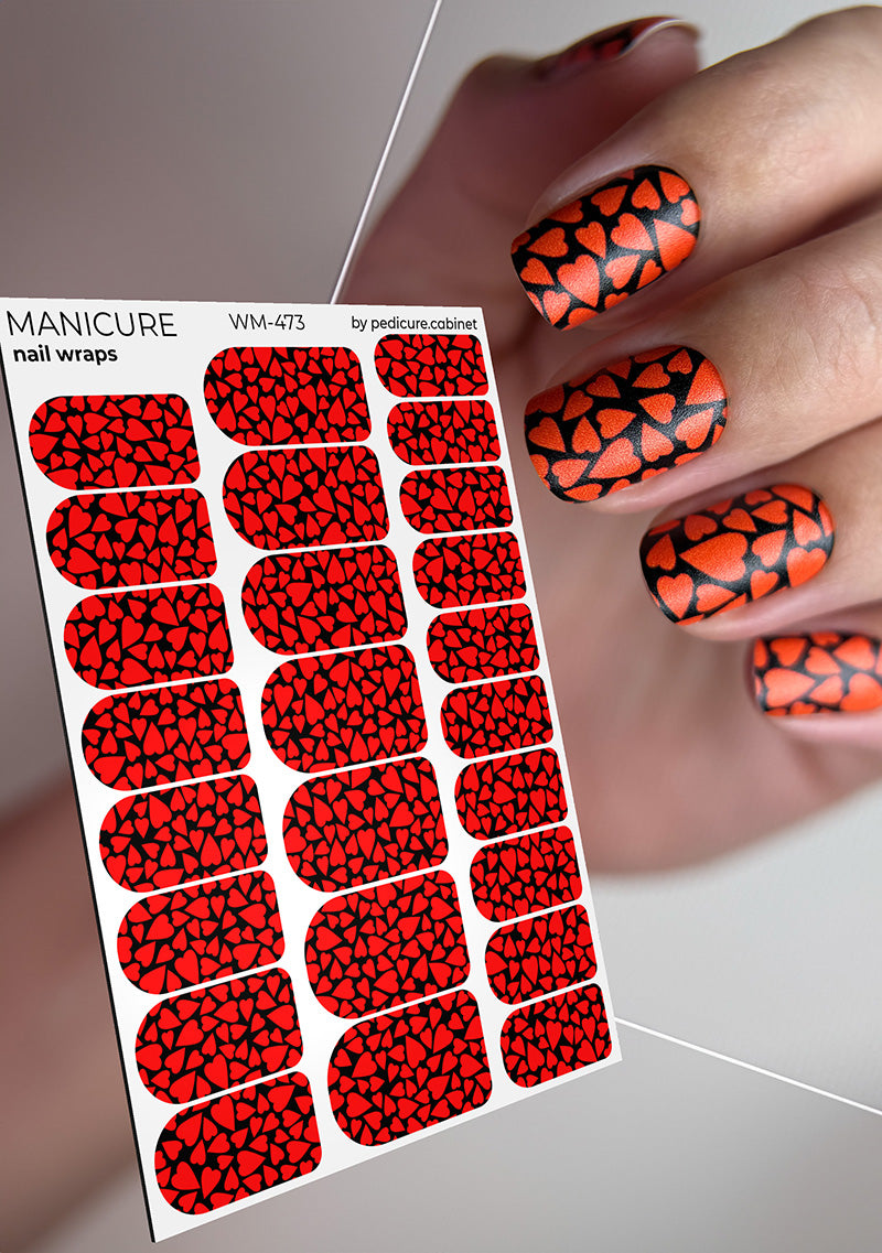 Manicure Hearts. Black Background. Nail wraps WM-473