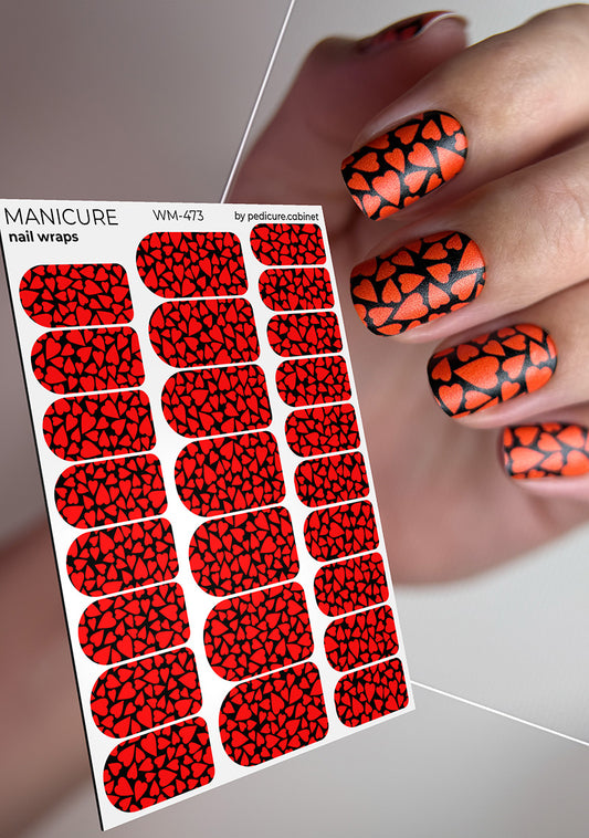 Manicure Hearts. Black Background. Nail wraps WM-473