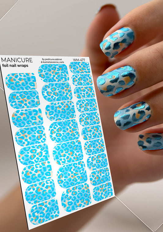 Manicure Leo Blue and Strokes. Colored Foil. Nail wraps WM-477