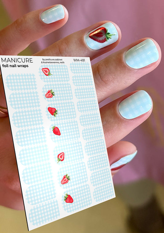 Manicure Strawberry. Blue Checkered. Colored Foil. Nail wraps WM-491