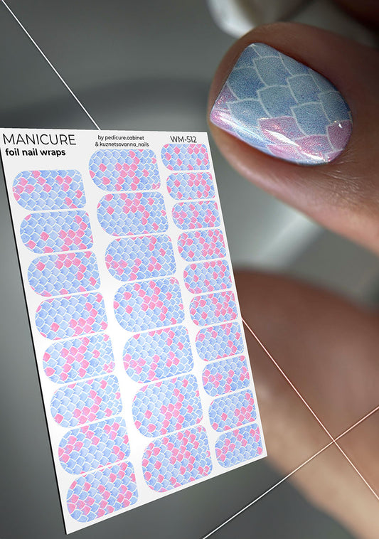 Manicure Mermaid Blue and Pink. Colored Foil. Nail wraps WM-512
