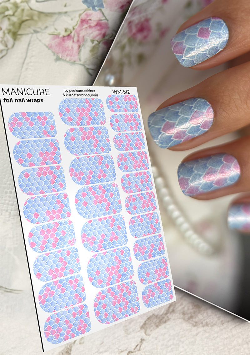 Manicure Mermaid Blue and Pink. Colored Foil. Nail wraps WM-512