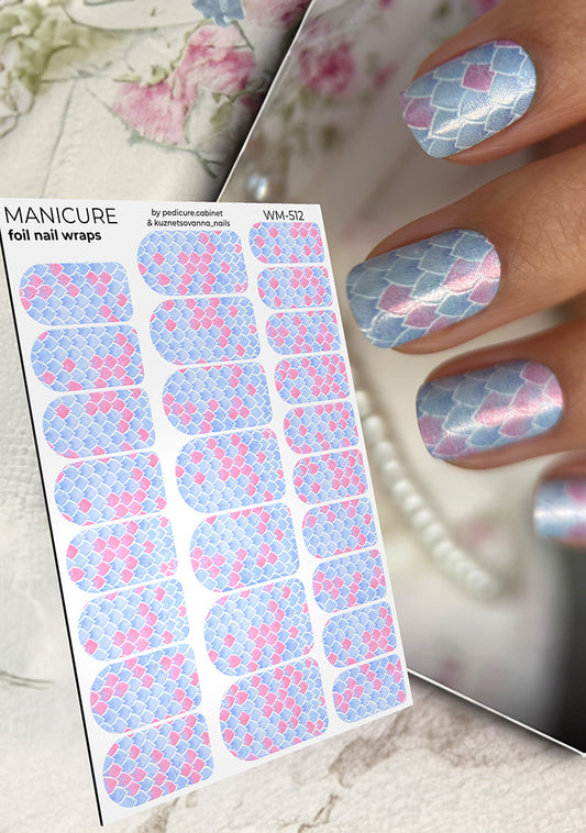 Manicure Mermaid Blue and Pink. Colored Foil. Nail wraps WM-512