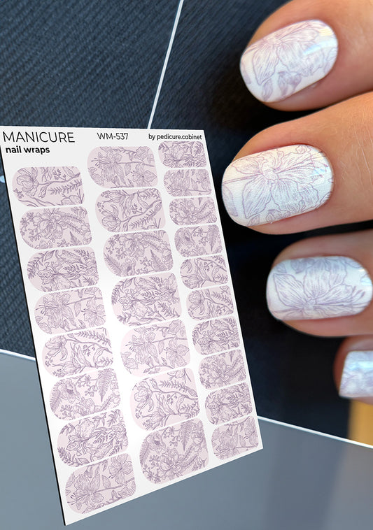 Manicure Dusty Lilac Flowers. Nail wraps WM-537